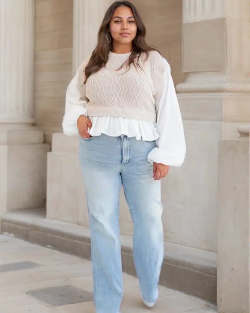 💥 Vintage Wash Plus-Size Jeans — Stretchy, Tummy Control & Straight Leg Fit