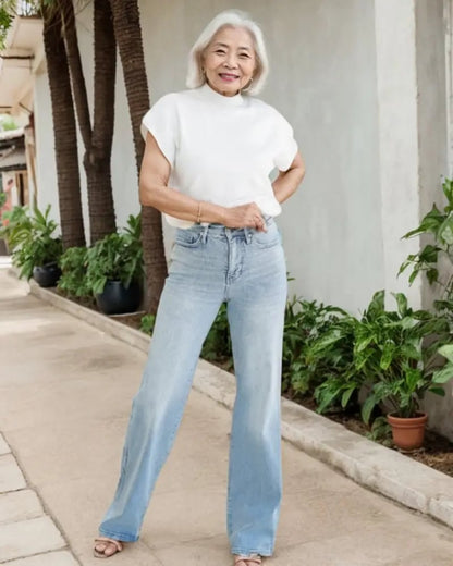 💥 Vintage Wash Plus-Size Jeans — Stretchy, Tummy Control & Straight Leg Fit